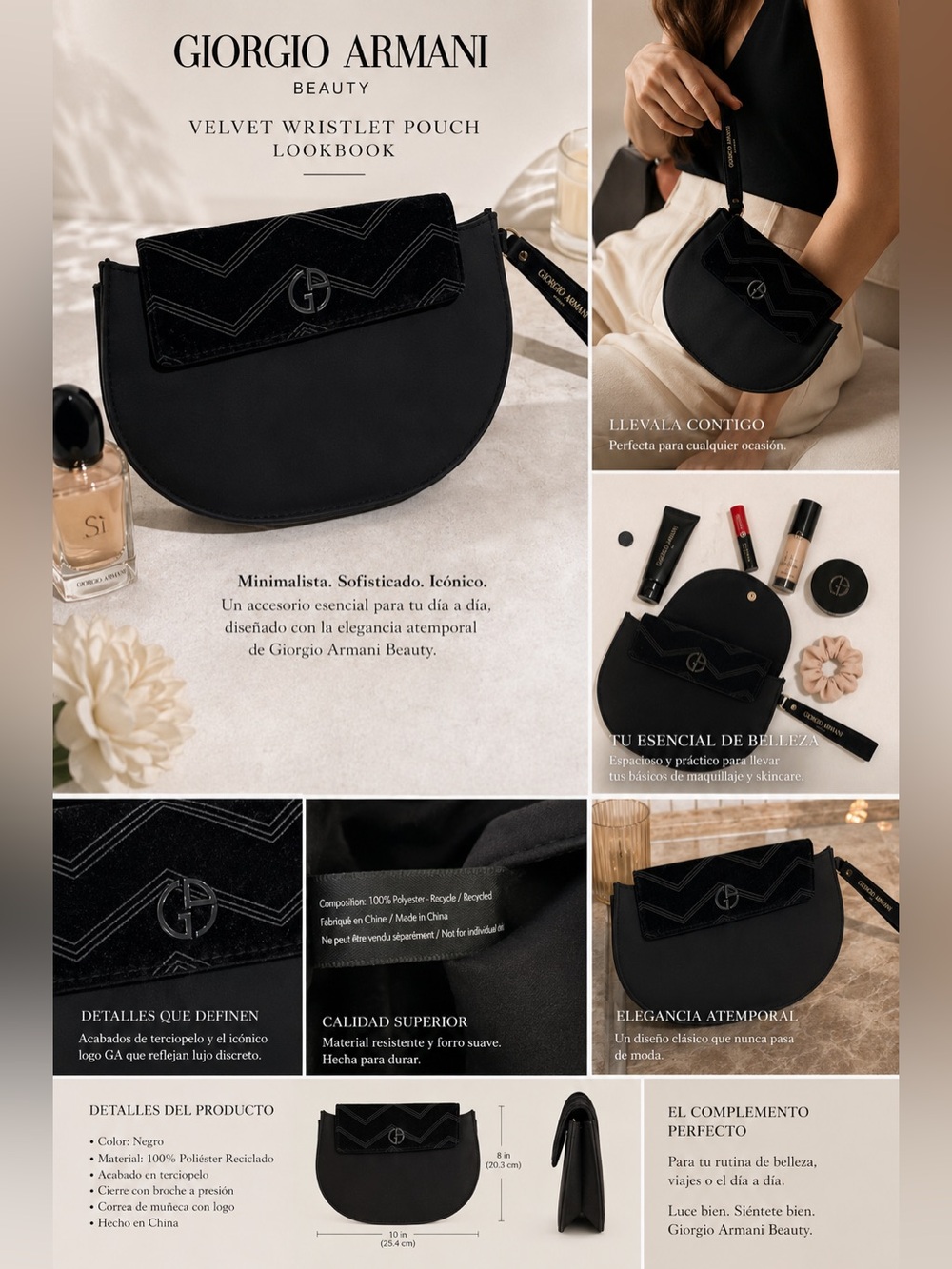 Giorgio Armani Beauty Velvet Makeup Bag Wristlet Black GA Logo